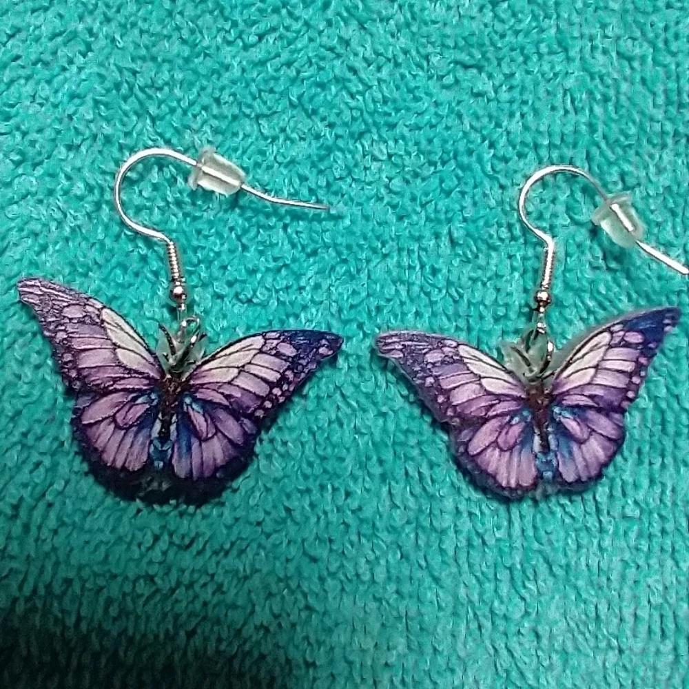 Cute purple butterfly wire dangle earrings
